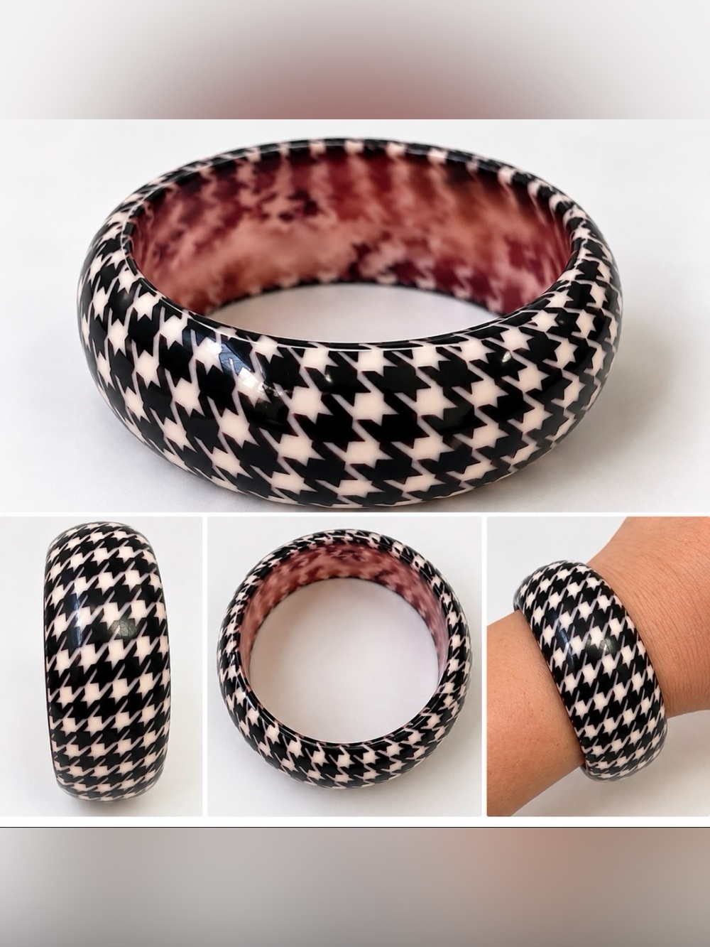 Black & White Houndstooth Resin Bangle Bracelet